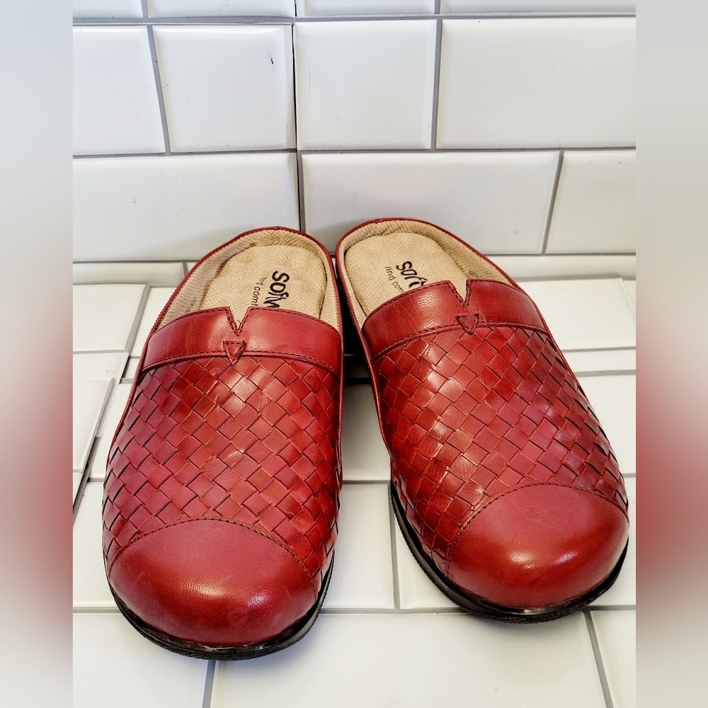 SOFTWALK San Marcos S1366-600 Women’s Red Woven Leather Slides Mules Wedge Heel
